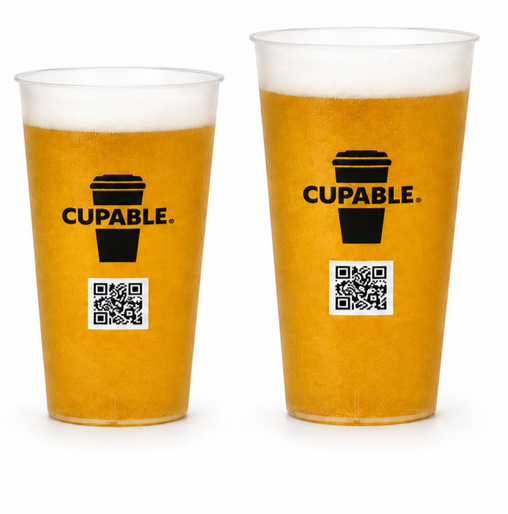 Magnified detail of the printed QR code on the larger Cupable cup